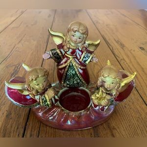 Vintage three angel tea candle holder Christmas decor red green gold